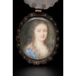 French school: a miniature lady's portrait, gouache on paper, mounted in a tortoise shell frame, 19t