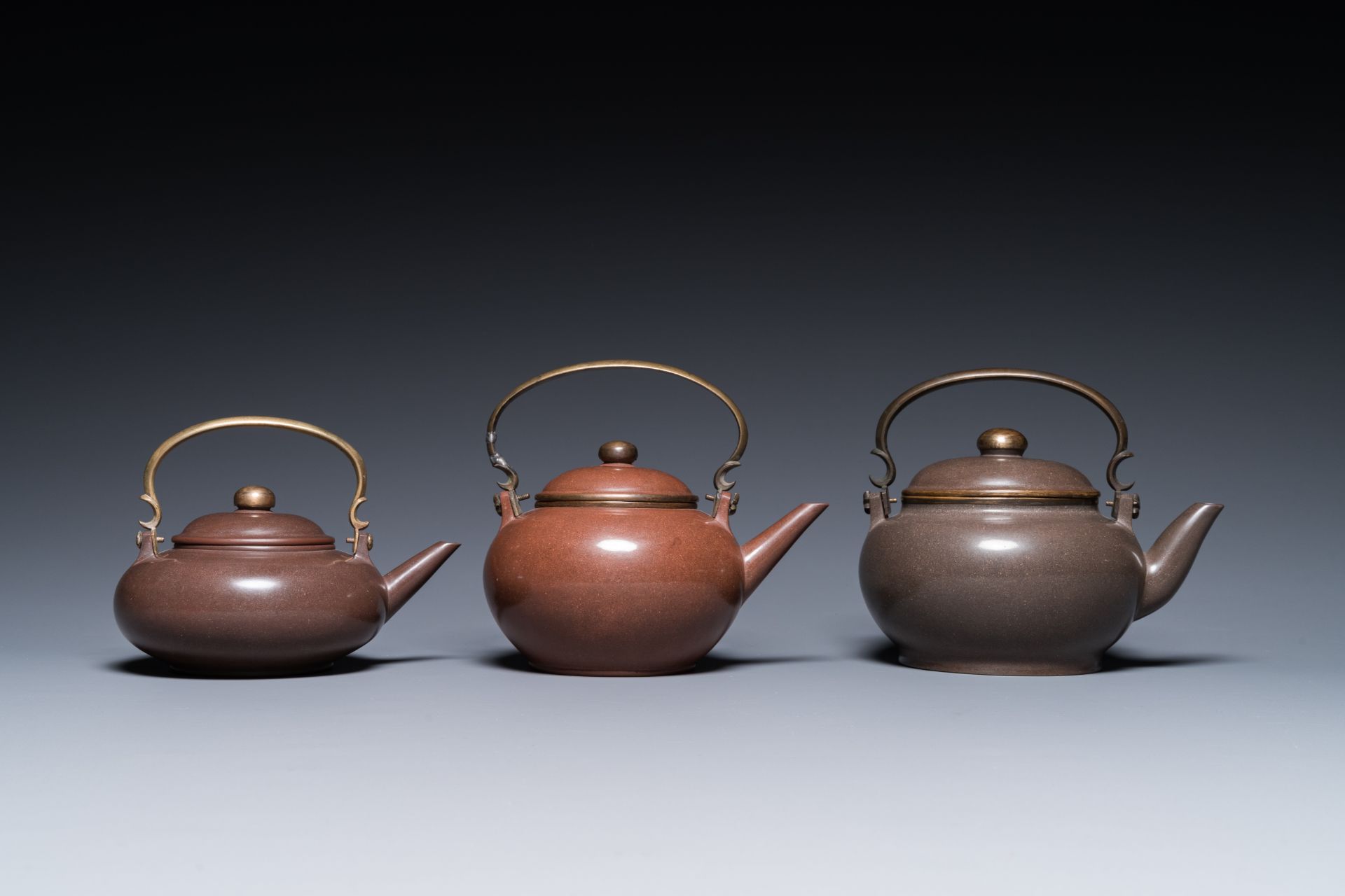 Three Chinese polished Yixing stoneware teapots and covers for the Thai market, Gong Ju è´¡å±€ mark, - Image 4 of 9