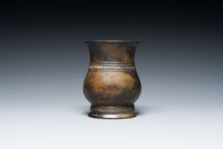 A Chinese inscribed archaic bronze ritual wine vessel, 'zhi', late Shang dynasty