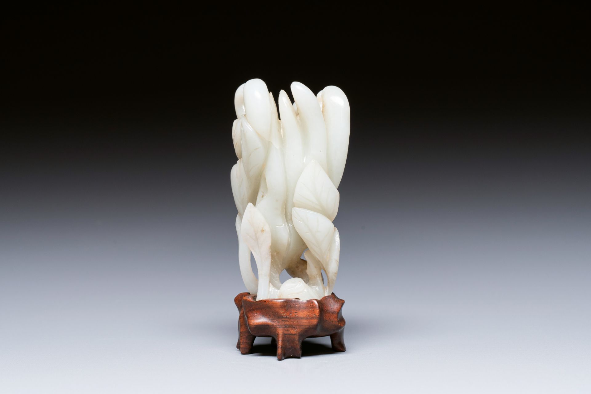 A fine Chinese white jade carving of a Buddha's hand on wooden stand, Qing - Image 2 of 7