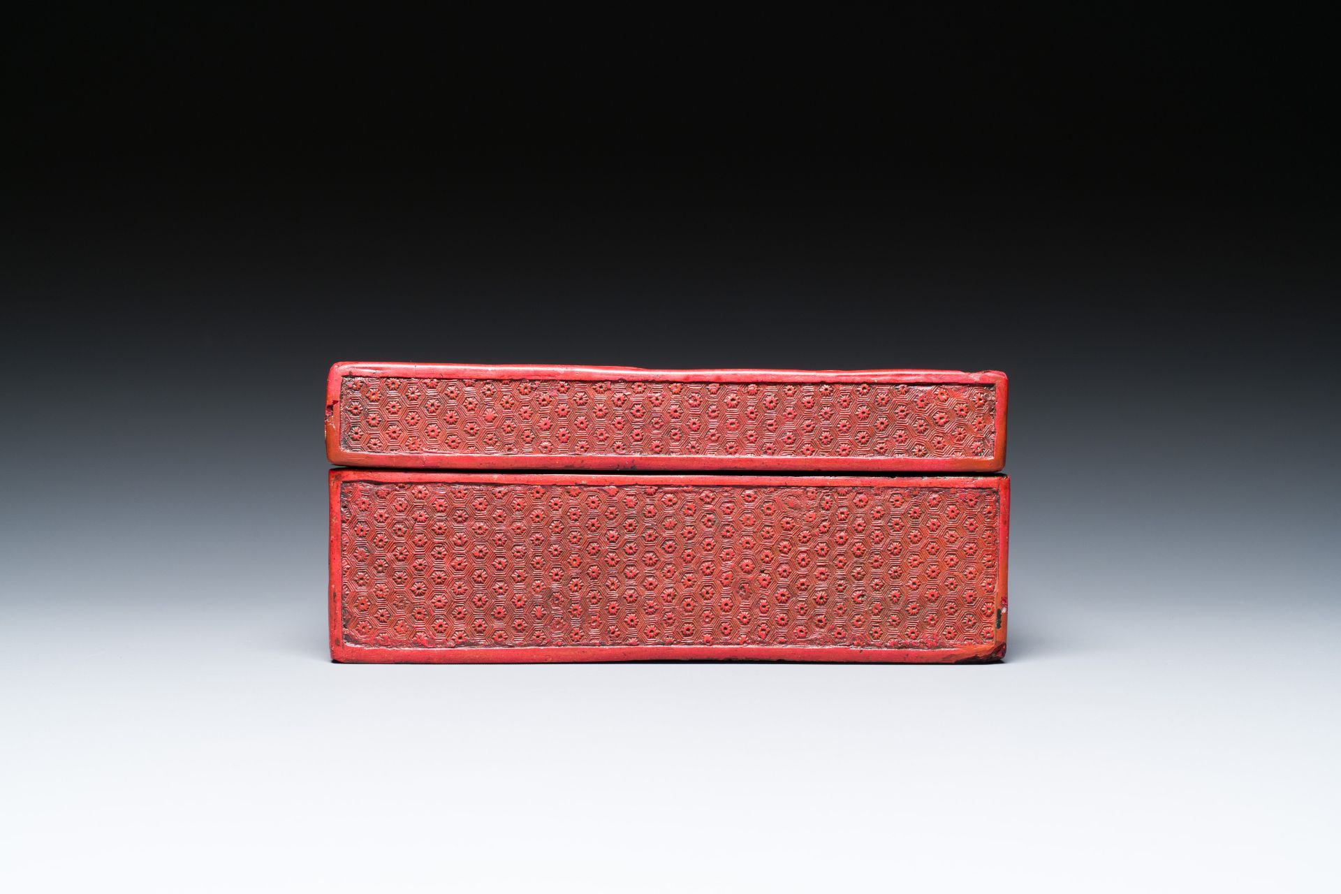 A Chinese carved boxwooden ruyi scepter and a square red lacquer box and cover, Wanli mark, 19/20th - Image 4 of 14