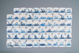 59 Dutch Delft blue and white tiles with sea monsters, 2nd half 18th C.