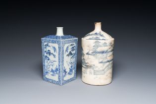 A Japanese blue and white Arita square flask and a Tangen-style bottle, 'tokkuri', Edo, 18/19th C.
