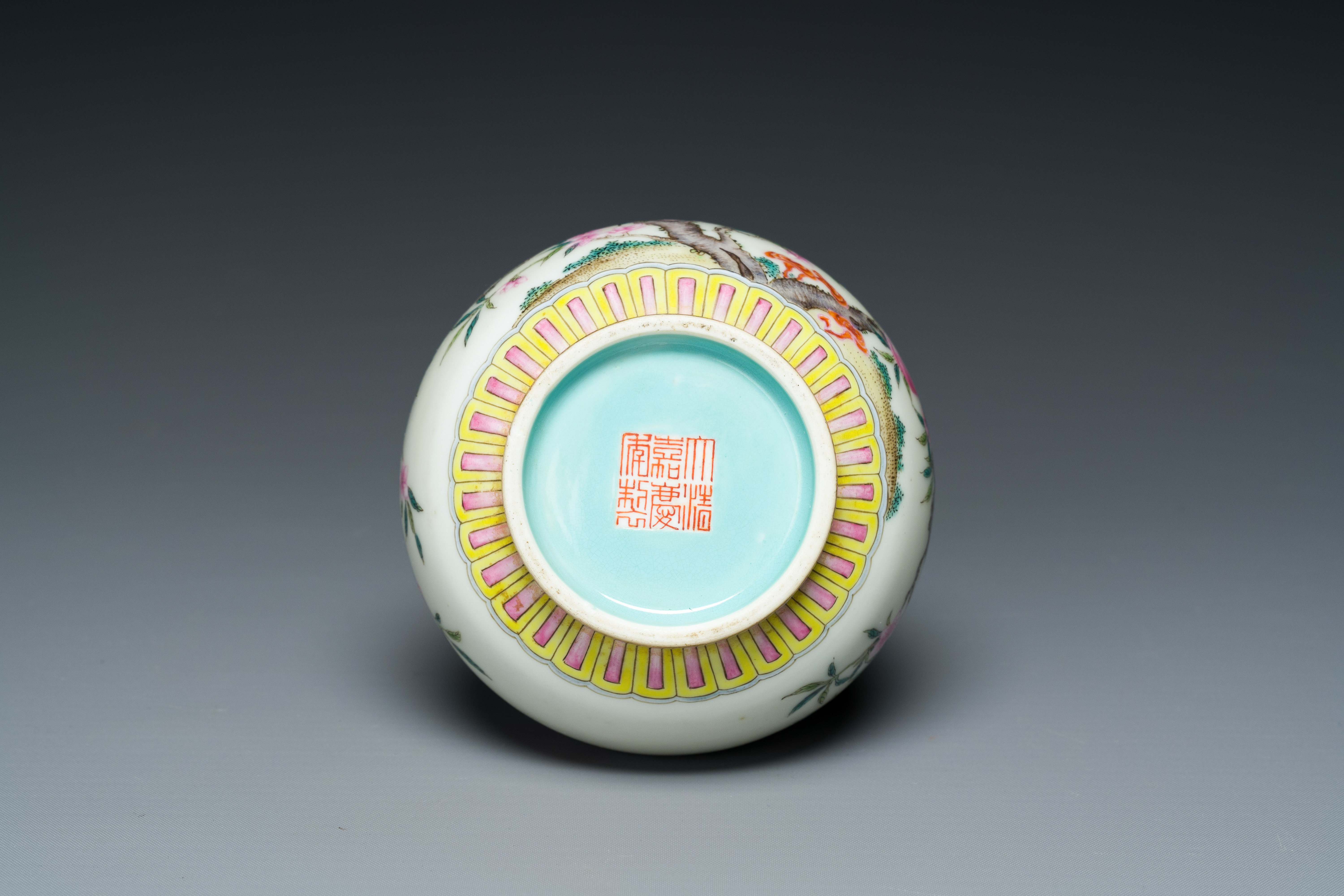 A small Chinese famille rose 'nine peaches' bottle vase, Jiaqing mark, 20th C. - Image 7 of 7