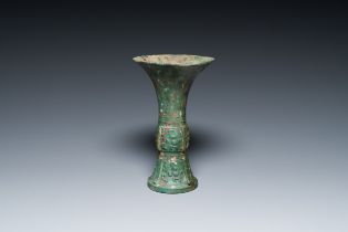 A Chinese archaic bronze ritual wine vessel, 'gu', late Shang dynasty