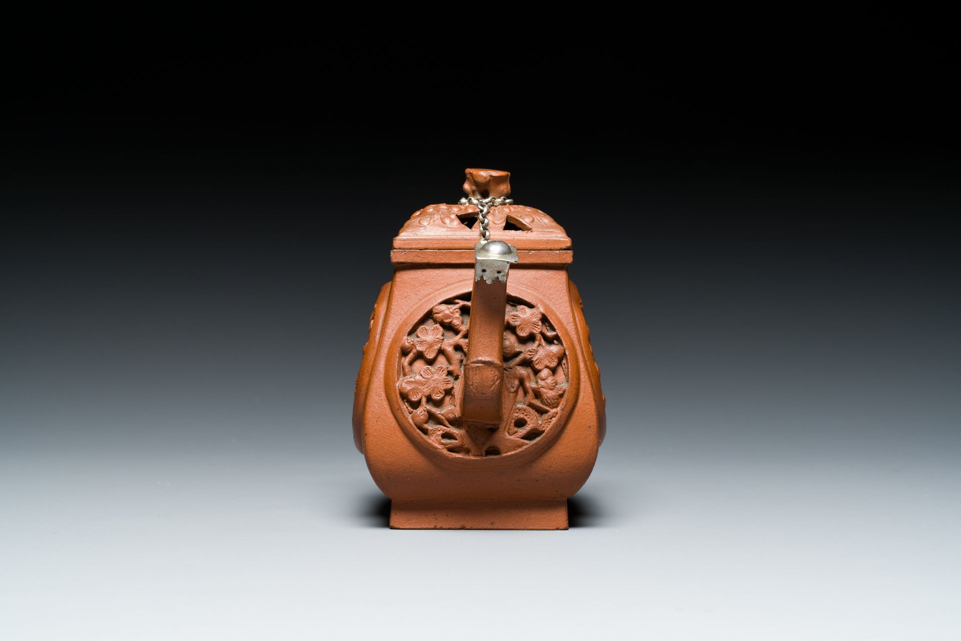 A Chinese reticulated double-walled Yixing stoneware teapot and cover, Kangxi - Image 3 of 7