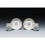 A pair of Chinese famille rose English market cups and saucers with the arms of Pringle of Whytbank,