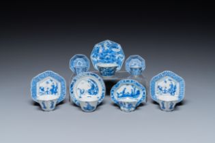 Seven mostly rare Chinese blue and white cups and saucers, Kangxi