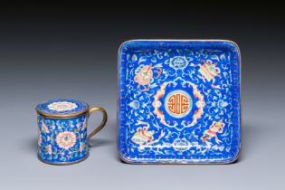 A Chinese Canton enamel mustard jar on stand, Qianlong