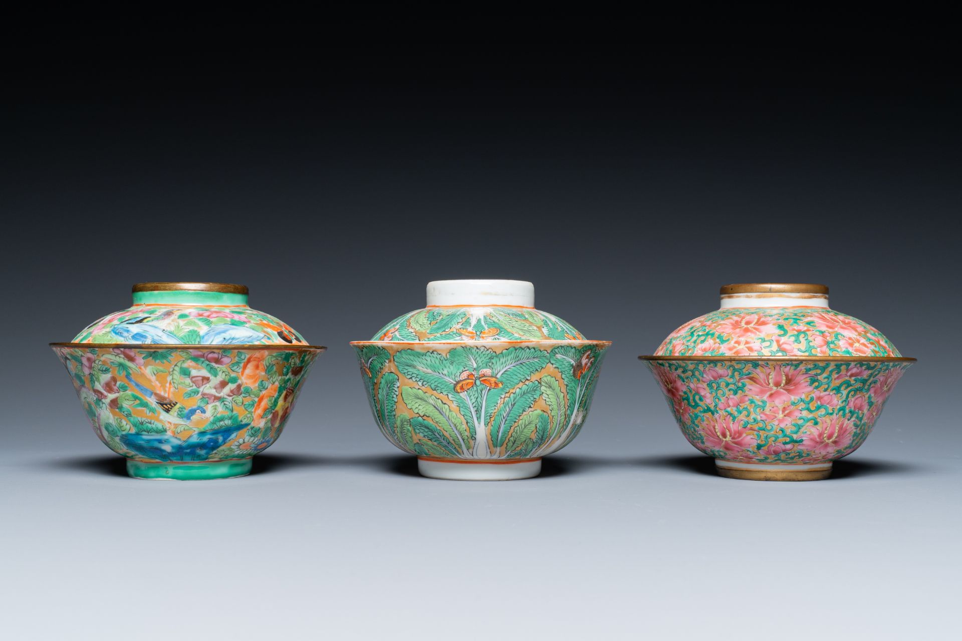Three Chinese Canton famille rose bowls and covers for the Thai market, 19th C. - Image 2 of 8