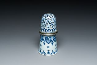 A blue and white French faience caster with pewter mounts, Rouen, 18th C.