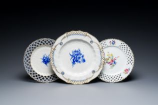 Three porcelain dishes with floral design, Tournai and The Hague, 18th C.