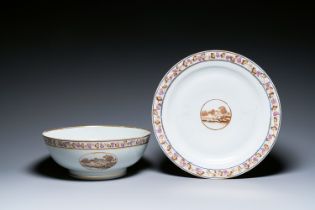 A large Chinese export porcelain punch bowl and dish with a view on Philadelphia, Qianlong
