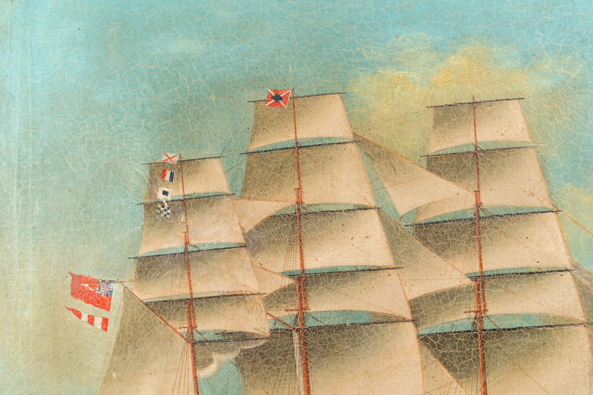 Canton school, China: 'A British merchant vessel at sea', oil on canvas in original Chippendale-styl - Image 5 of 7
