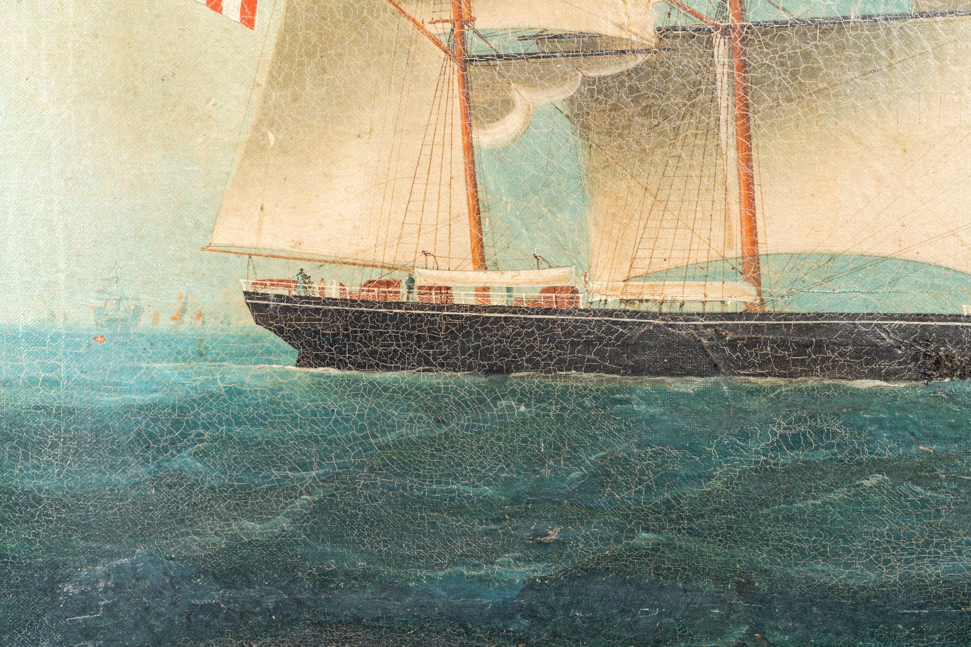 Canton school, China: 'A British merchant vessel at sea', oil on canvas in original Chippendale-styl - Image 6 of 7