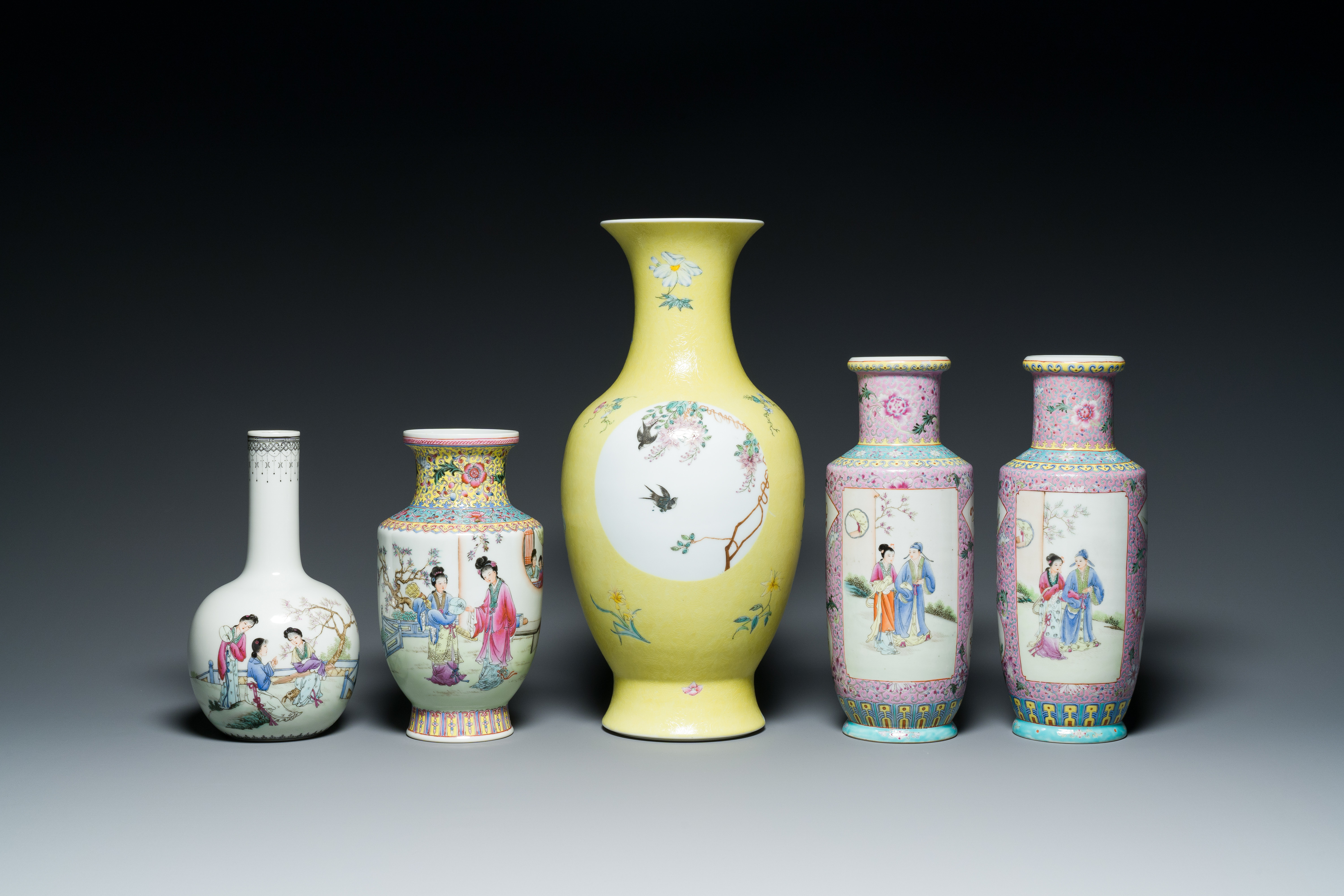 Five Chinese famille rose vases, Qianlong marks, 20th C. - Image 2 of 7
