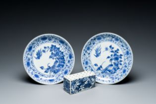 A pair of Japanese blue and white plates and a rectangular pounce pot, Arita, Edo, 18th C.