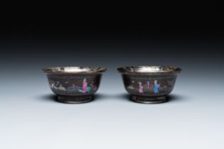 Two Chinese lac-burgaute bowls with silvered interiors, Kangxi