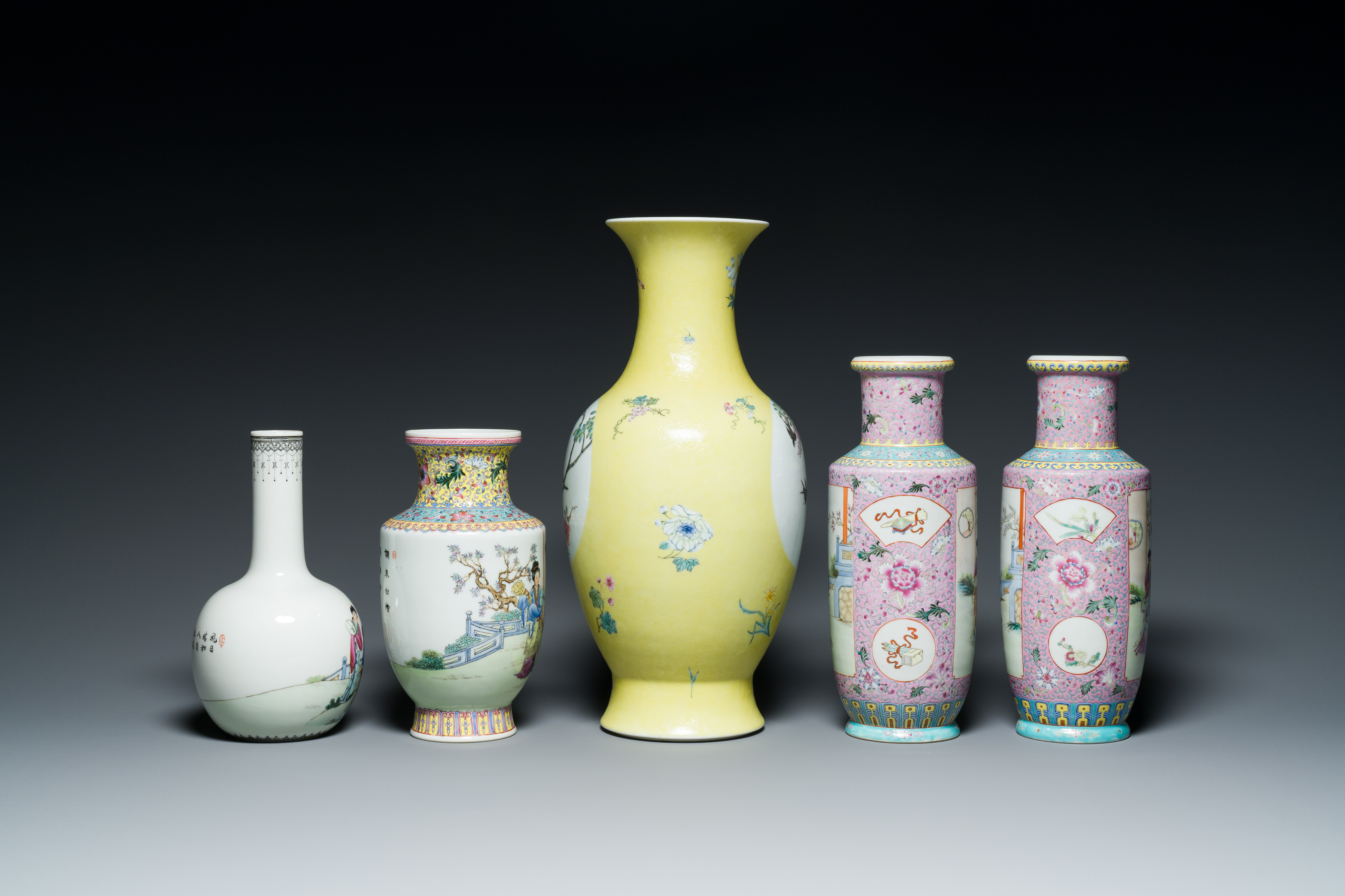 Five Chinese famille rose vases, Qianlong marks, 20th C. - Image 3 of 7