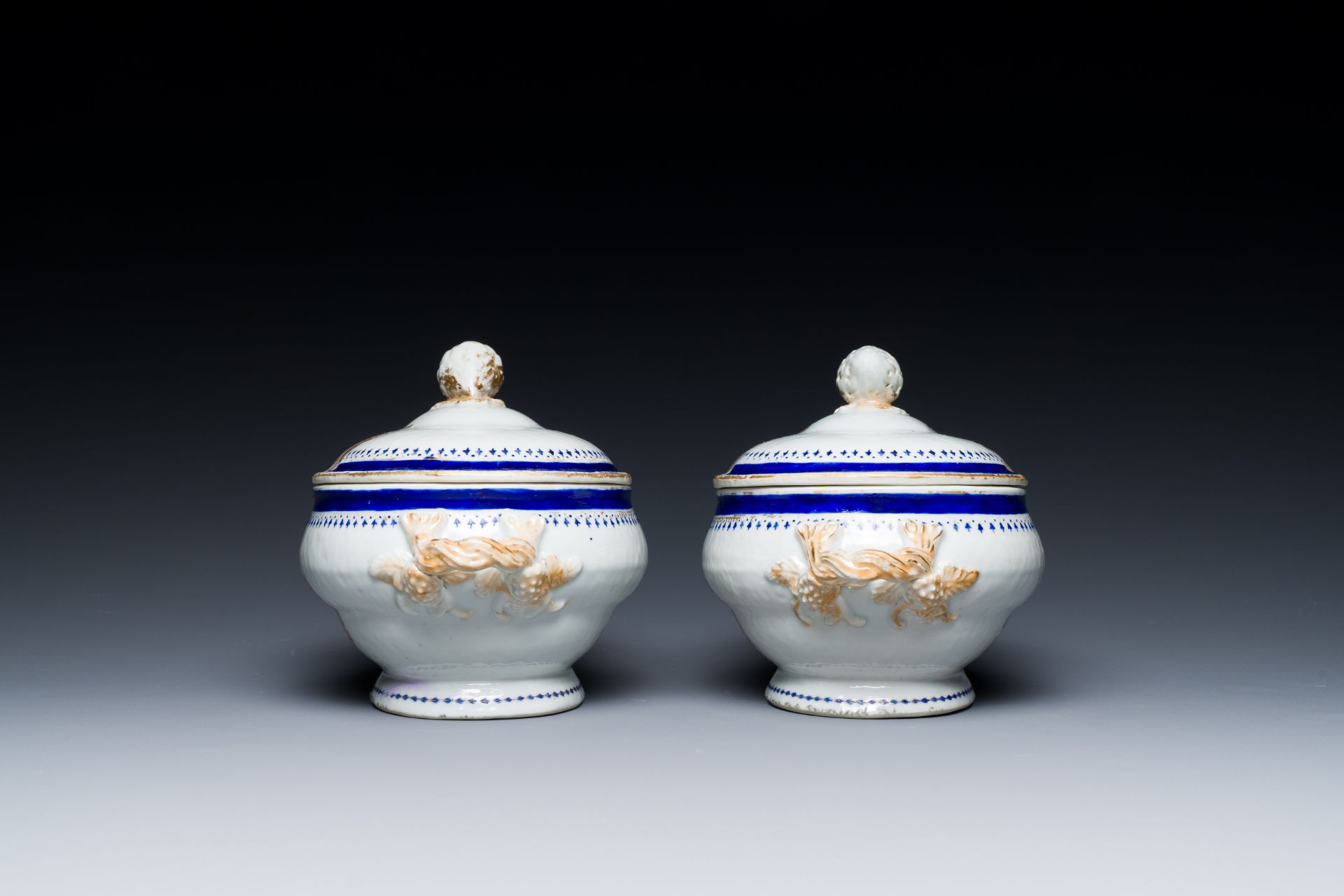 A pair of Chinese famille rose tureens and covers for the English market with the arms of Kenyon imp - Image 5 of 7
