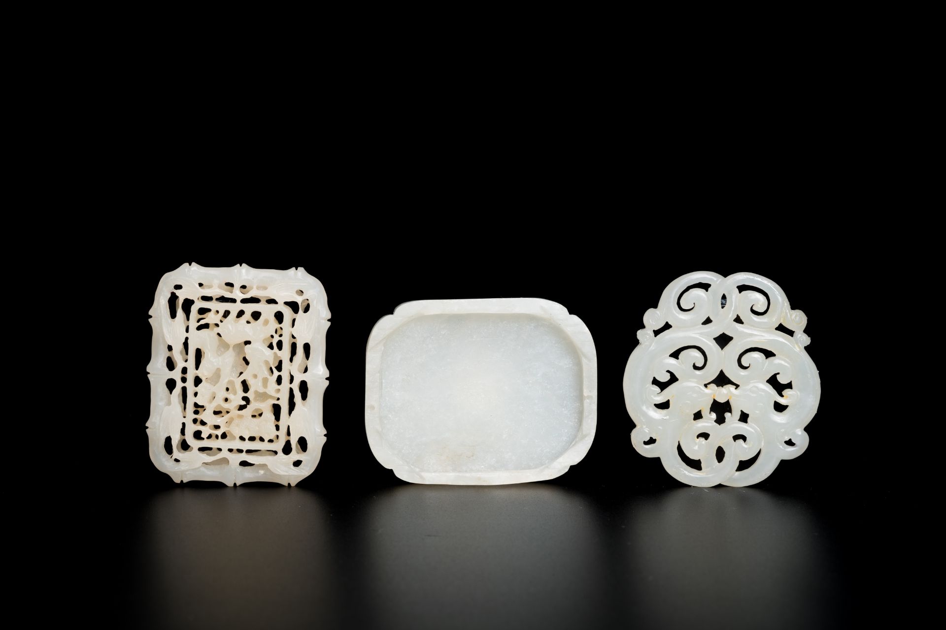 Two Chinese white jade reticulated carvings and a ruyi scepter plaque, Qing - Image 2 of 2