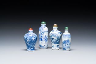 Four Chinese blue and white snuff bottles, 18/19th C.