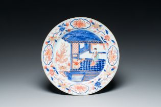 A Chinese famille verte dish depicting Xiao Shi's wife attracting phoenixes by playing the Xiao flut