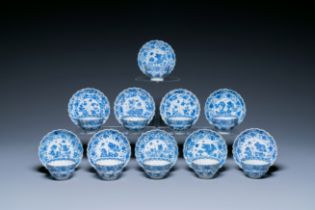 Ten Chinese blue and white cups and saucers, Kangxi