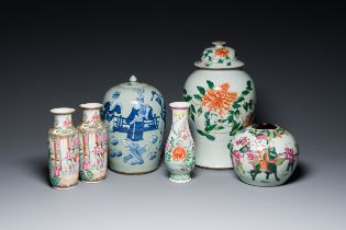 Six Chinese blue, white, famille rose and famille verte vases, 19/20th C.