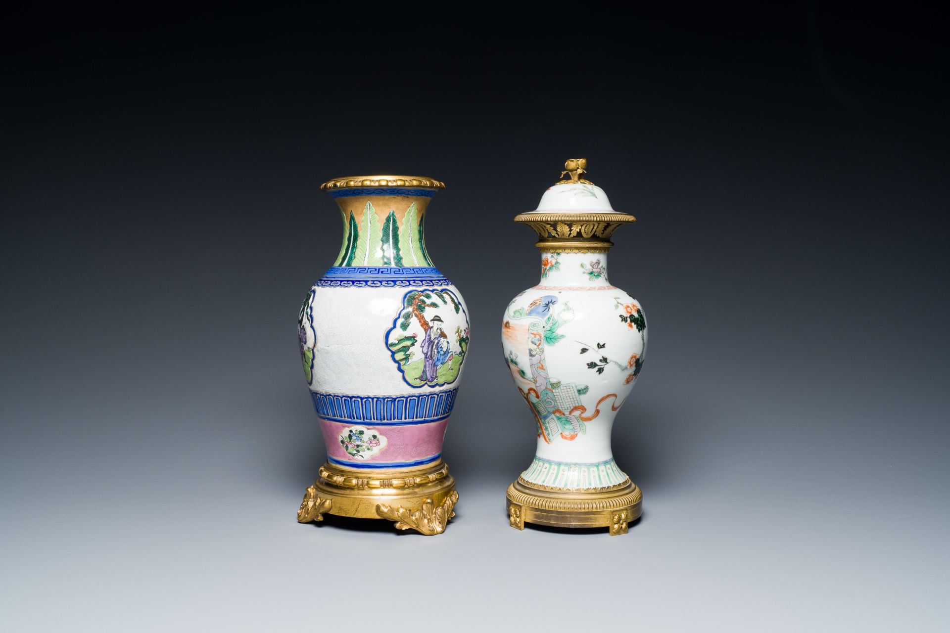A Chinese famille verte vase and an enamelled Yixing stoneware vase with gilt bronze mounts, 19th C. - Image 4 of 6