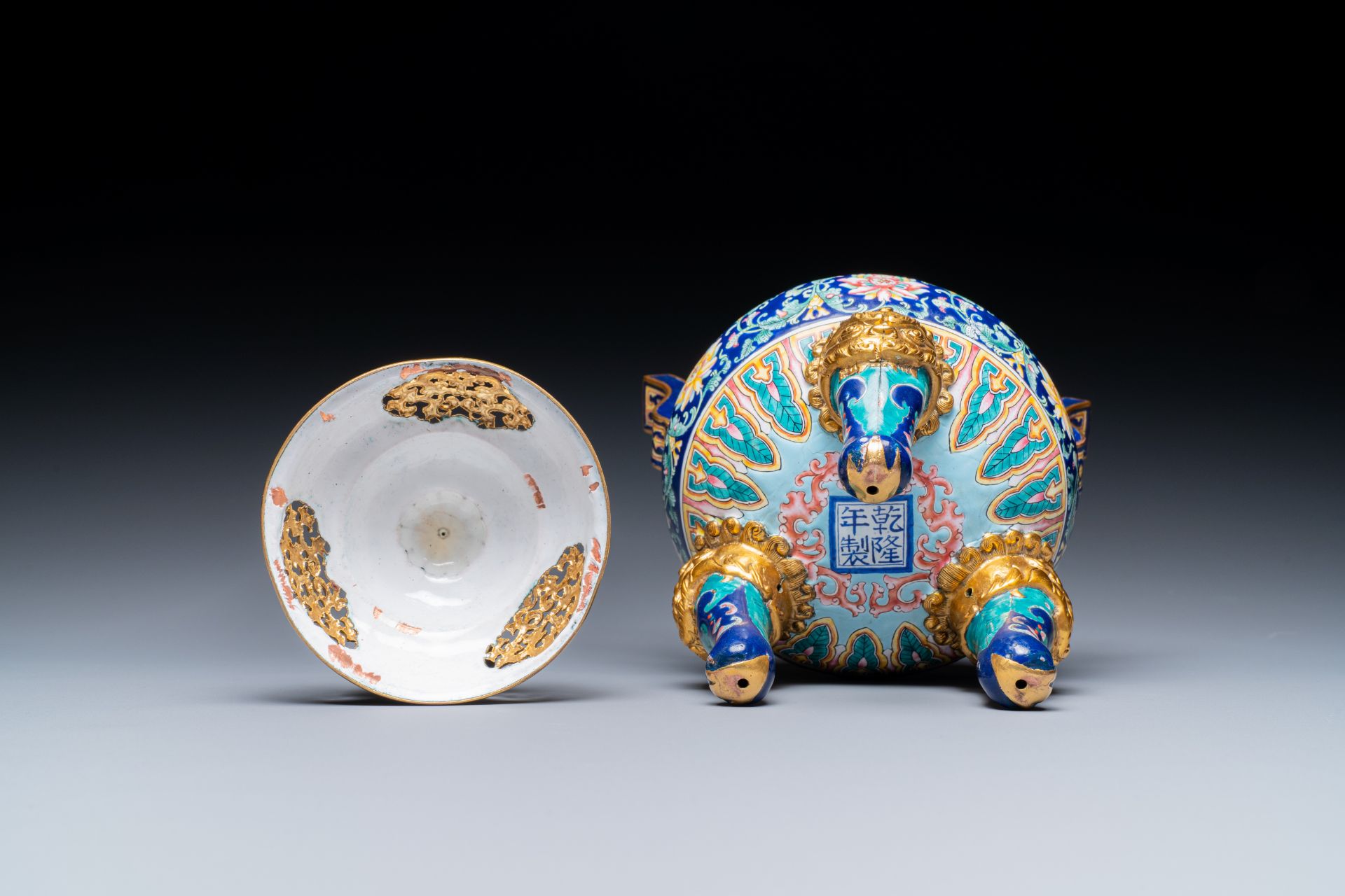 A Chinese 'imperial tribute' blue-ground Canton enamel incense burner and cover, Qianlong mark and o - Image 6 of 10