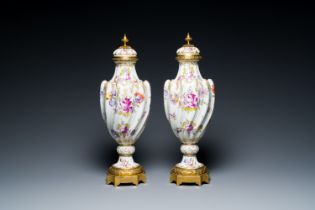 A pair of polychrome Hochst porcelain vases with gilt-bronze mounts, Germany, 19th C.