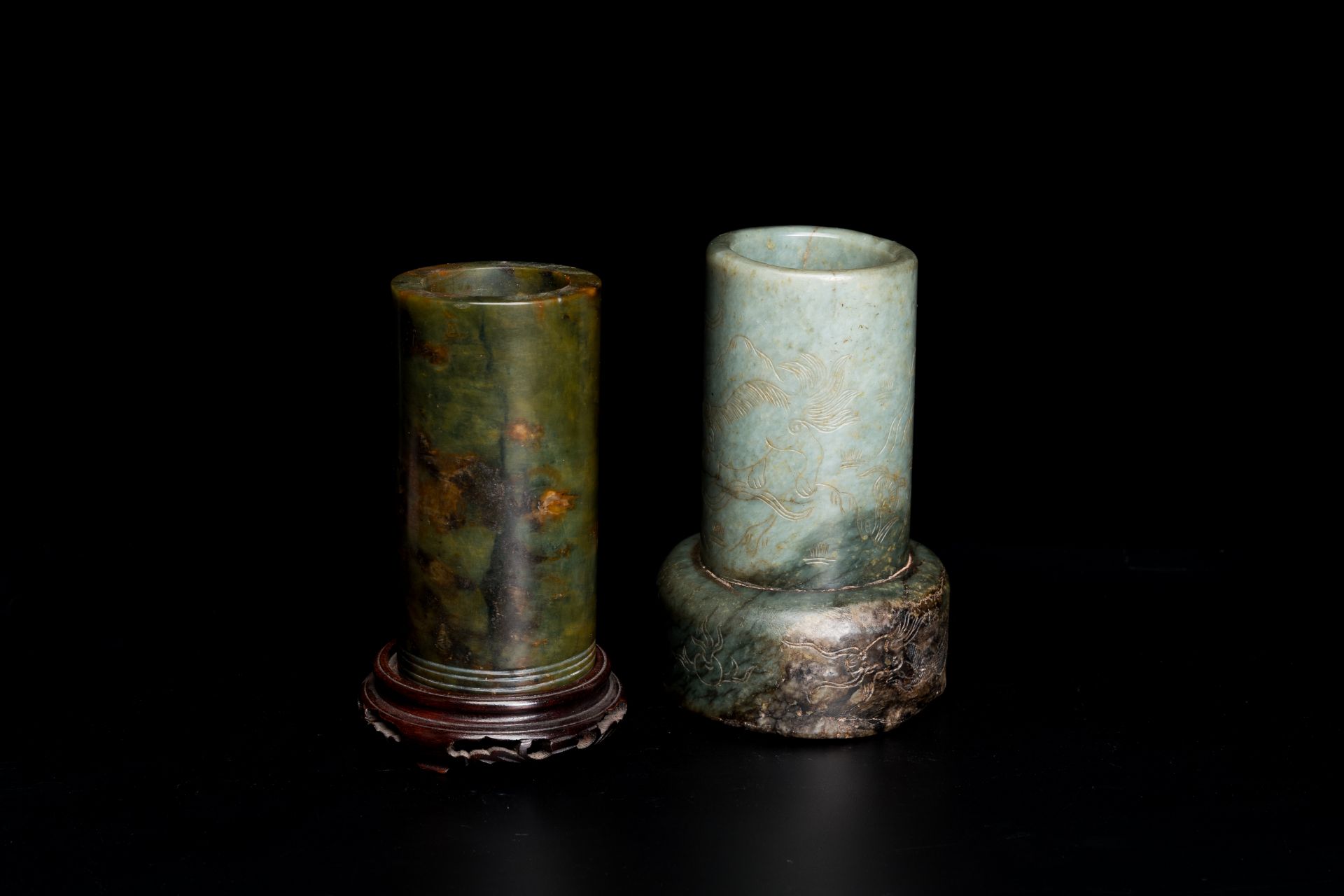 Two Chinese jade brush pots, Qing