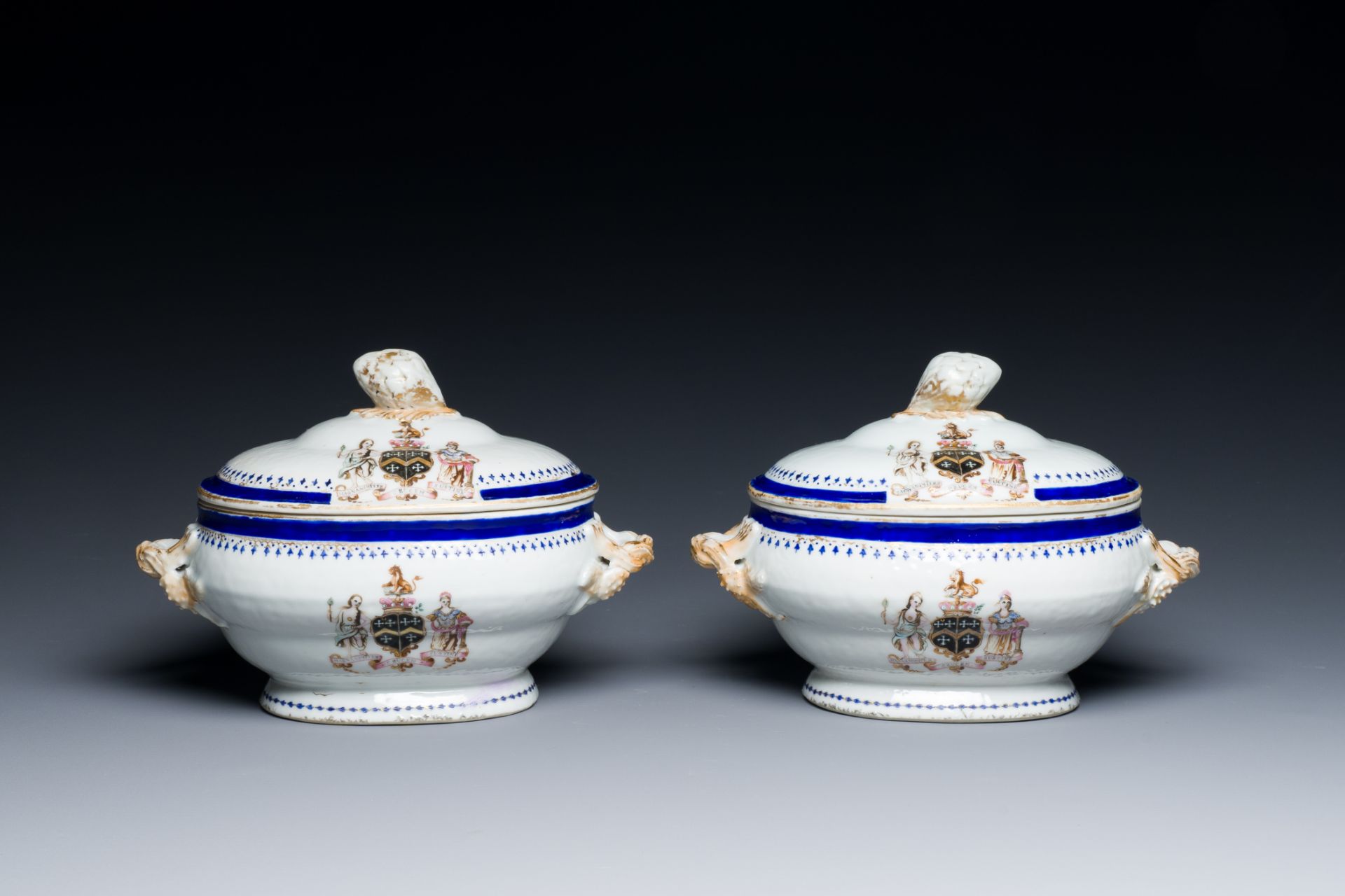 A pair of Chinese famille rose tureens and covers for the English market with the arms of Kenyon imp