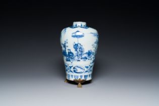 A fine Dutch Delft blue and white Transitional style chinoiserie vase on a gilt bronze stand, late 1