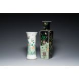A square Chinese famille noire vase and a famille verte 'gu' vase, Kangxi mark, 19th C.