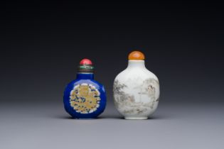 Two Chinese snuff bottles in blue-ground and grisaille-decorated porcelain, Daoguang mark and of the