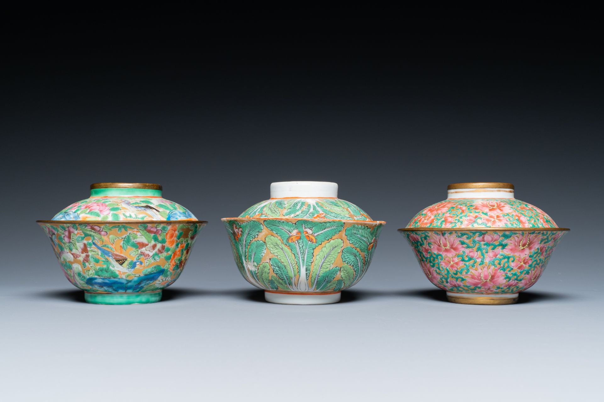 Three Chinese Canton famille rose bowls and covers for the Thai market, 19th C. - Image 4 of 8