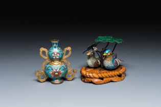 A Chinese cloisonne double gourd vase and an enamel and silver 'mandarin ducks' group on stand, 19/2