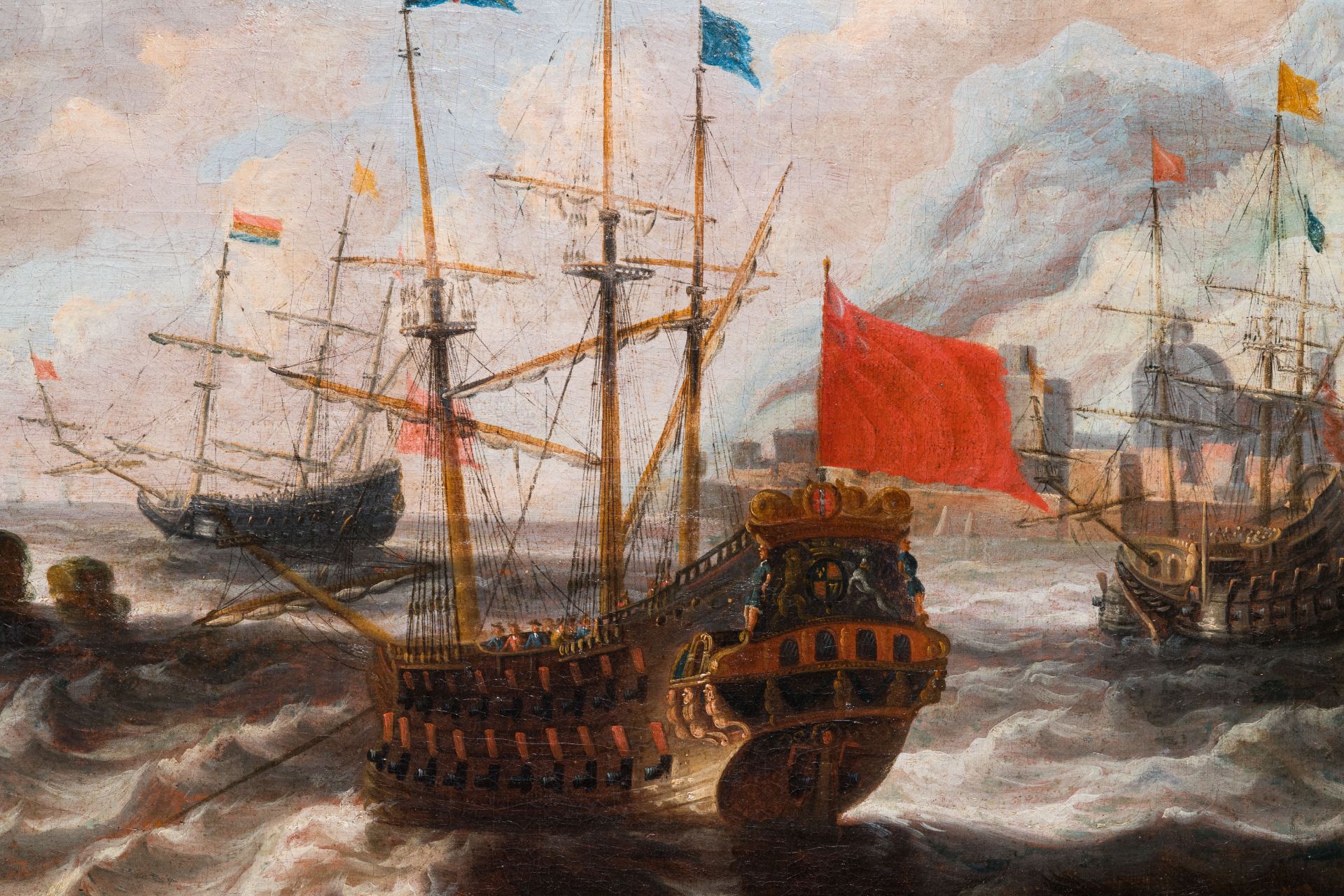 Peter van den Velde (1634-1723/1724, attr. to): 'Harbour view with four ships at sea', oil on canvas - Image 6 of 6