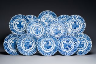 Twelve Chinese blue and white 'antiquities' dishes, Kangxi