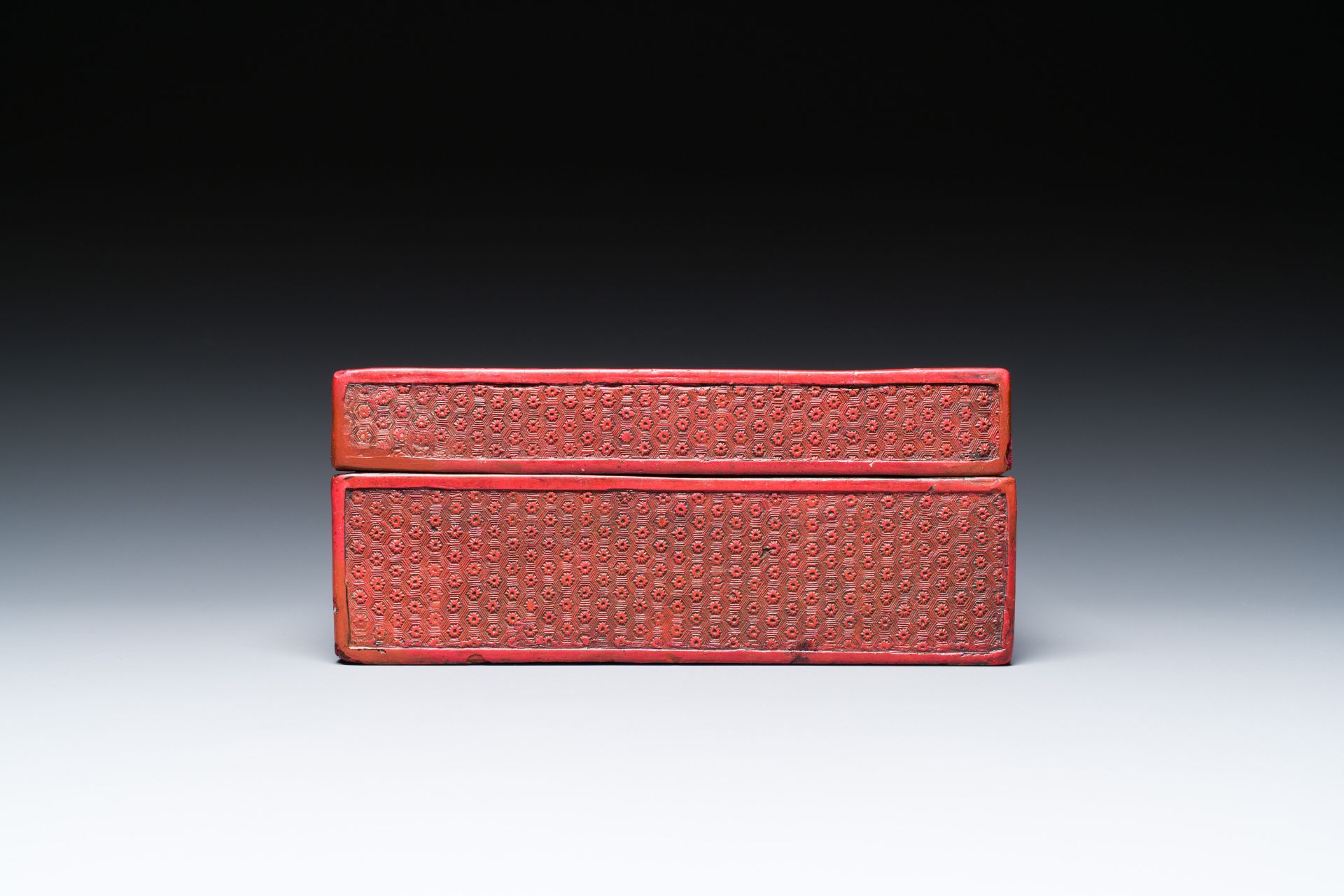 A Chinese carved boxwooden ruyi scepter and a square red lacquer box and cover, Wanli mark, 19/20th - Image 3 of 14