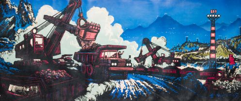 Chinese school from the Cultural Revolution: View on the Daqing oil field, litho heightened with oil