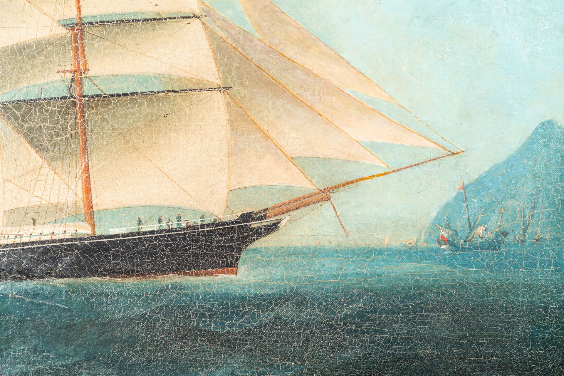 Canton school, China: 'A British merchant vessel at sea', oil on canvas in original Chippendale-styl - Image 7 of 7