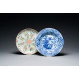 Two Chinese blue and white and famille verte dishes, Kangxi