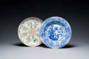 Two Chinese blue and white and famille verte dishes, Kangxi