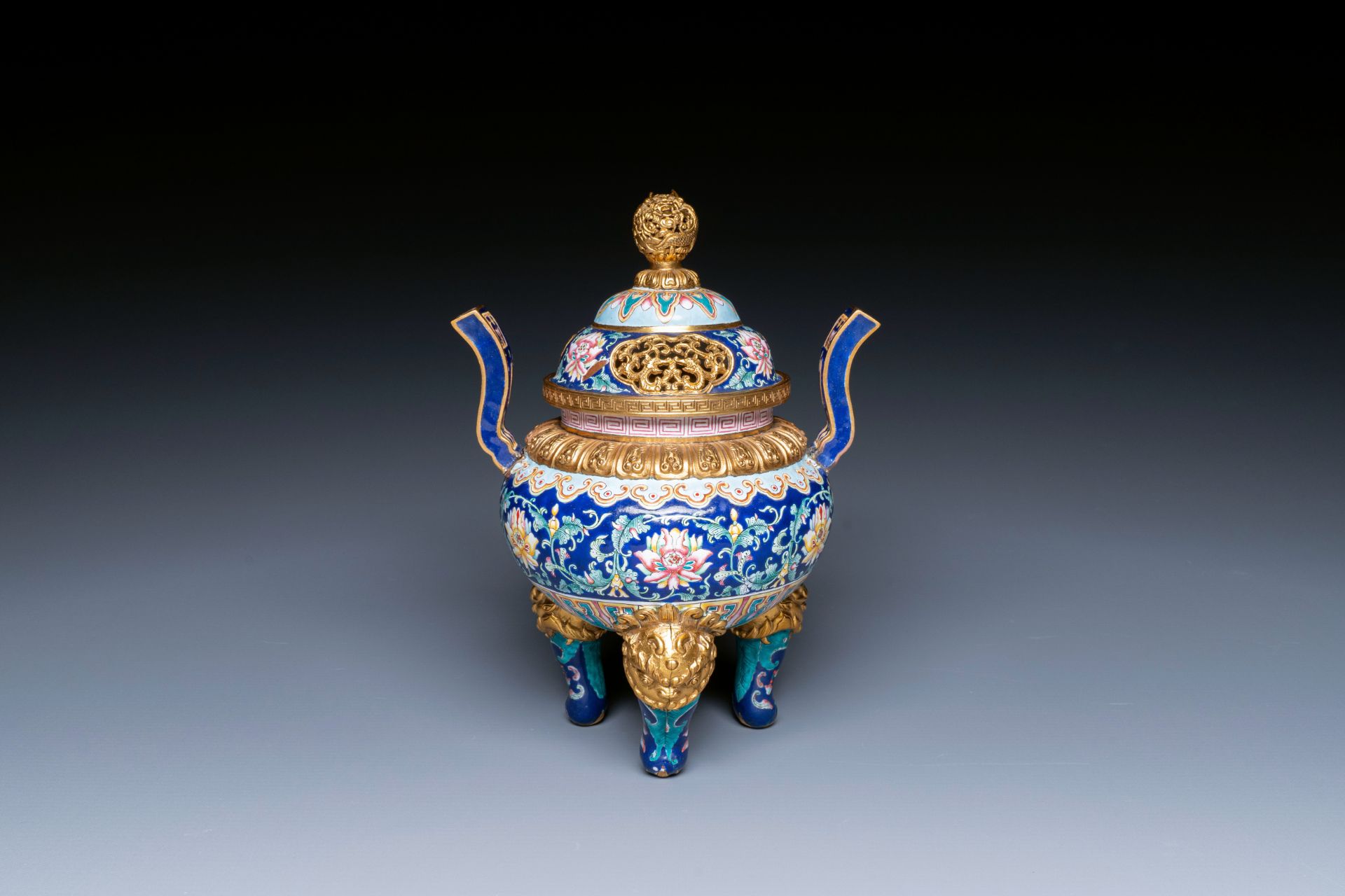 A Chinese 'imperial tribute' blue-ground Canton enamel incense burner and cover, Qianlong mark and o