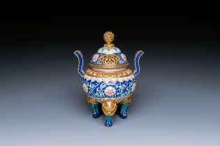 A Chinese 'imperial tribute' blue-ground Canton enamel incense burner and cover, Qianlong mark and o