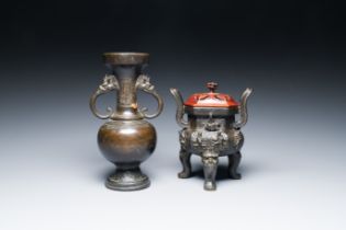 A Chinese bronze 'immortals' censer and a vase, Ming