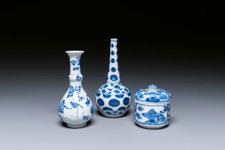 Two Chinese blue and white vases and a covered bowl, Kangxi